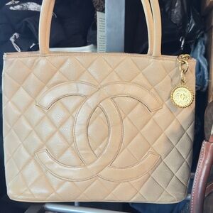 Authentic Chanel Beige Quilted Leather Shoulder Bag